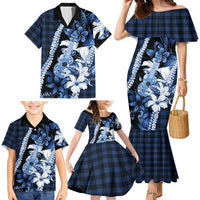 Hawaii Ukulele Family Matching Mermaid Dress and Hawaiian Shirt Tropical Flowers With Palaka Effect Blue Version - Polynesian Pride