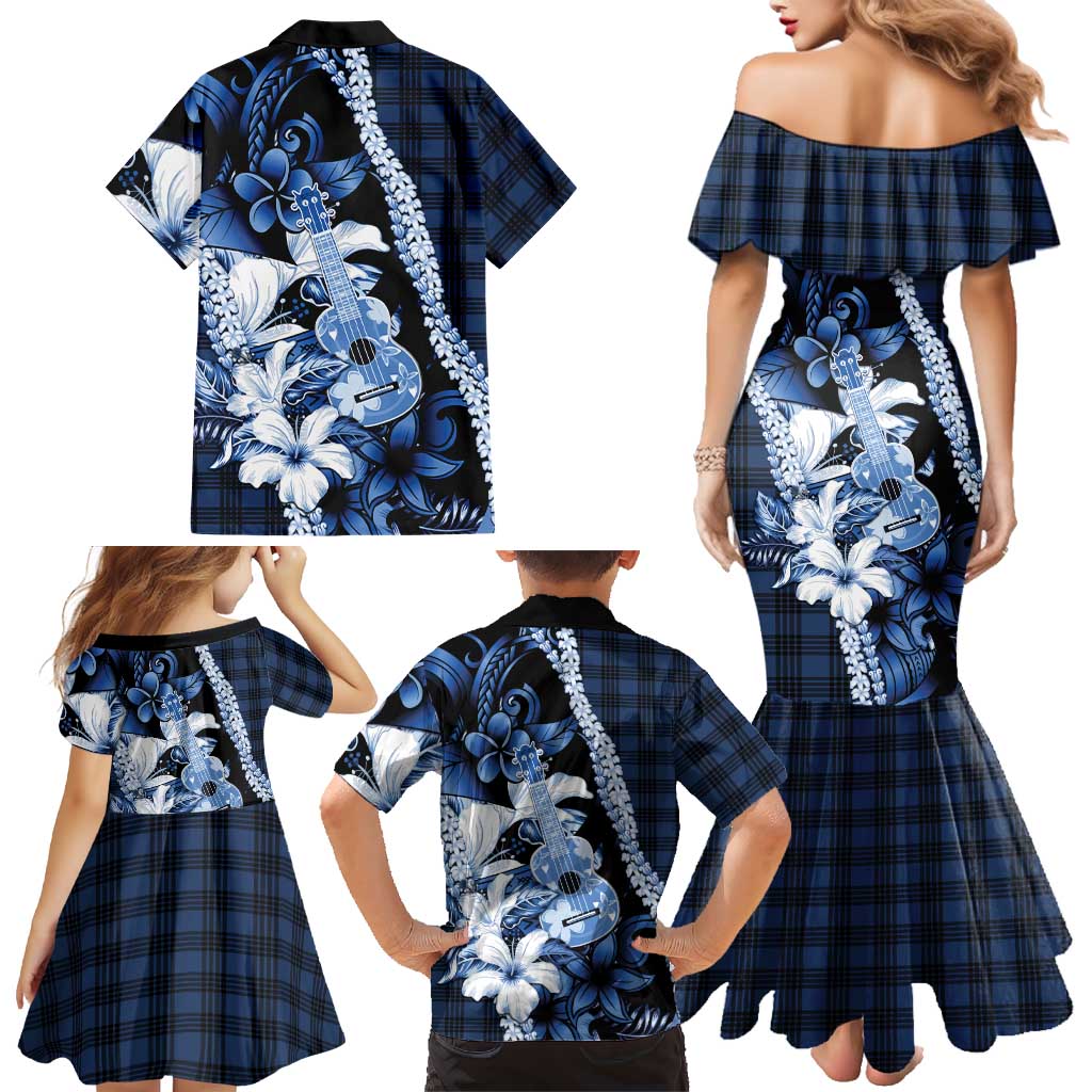 Hawaii Ukulele Family Matching Mermaid Dress and Hawaiian Shirt Tropical Flowers With Palaka Effect Blue Version - Polynesian Pride