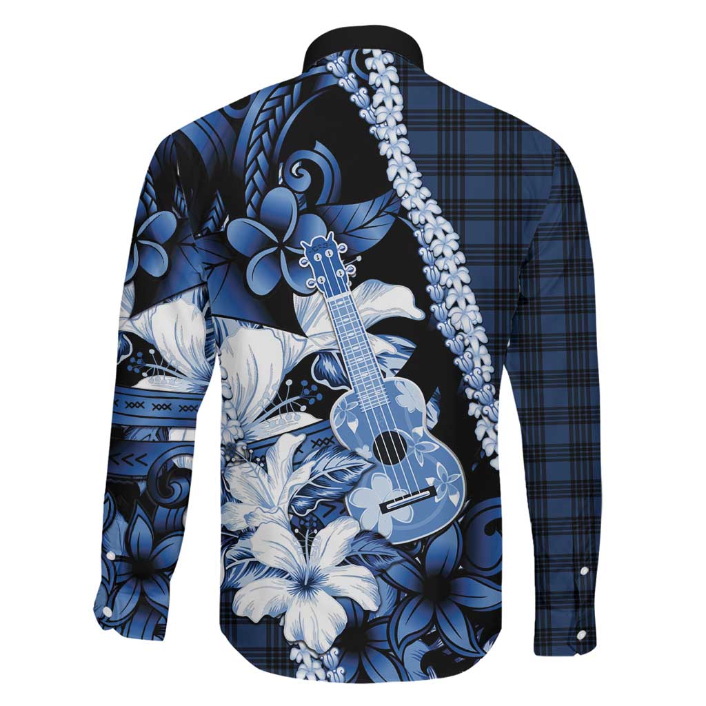 Hawaii Ukulele Family Matching Mermaid Dress and Hawaiian Shirt Tropical Flowers With Palaka Effect Blue Version - Polynesian Pride