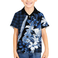 Hawaii Ukulele Family Matching Mermaid Dress and Hawaiian Shirt Tropical Flowers With Palaka Effect Blue Version - Polynesian Pride