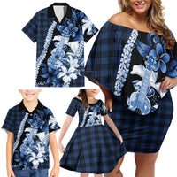 Hawaii Ukulele Family Matching Off Shoulder Short Dress and Hawaiian Shirt Tropical Flowers With Palaka Effect Blue Version - Polynesian Pride