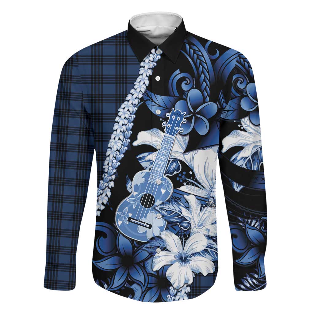 Hawaii Ukulele Family Matching Off Shoulder Short Dress and Hawaiian Shirt Tropical Flowers With Palaka Effect Blue Version - Polynesian Pride
