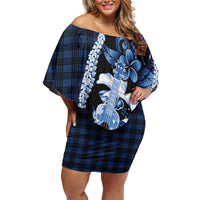 Hawaii Ukulele Family Matching Off Shoulder Short Dress and Hawaiian Shirt Tropical Flowers With Palaka Effect Blue Version - Polynesian Pride