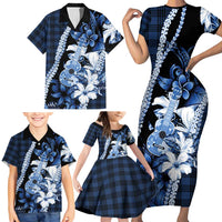 Hawaii Ukulele Family Matching Short Sleeve Bodycon Dress and Hawaiian Shirt Tropical Flowers With Palaka Effect Blue Version LT05 - Polynesian Pride