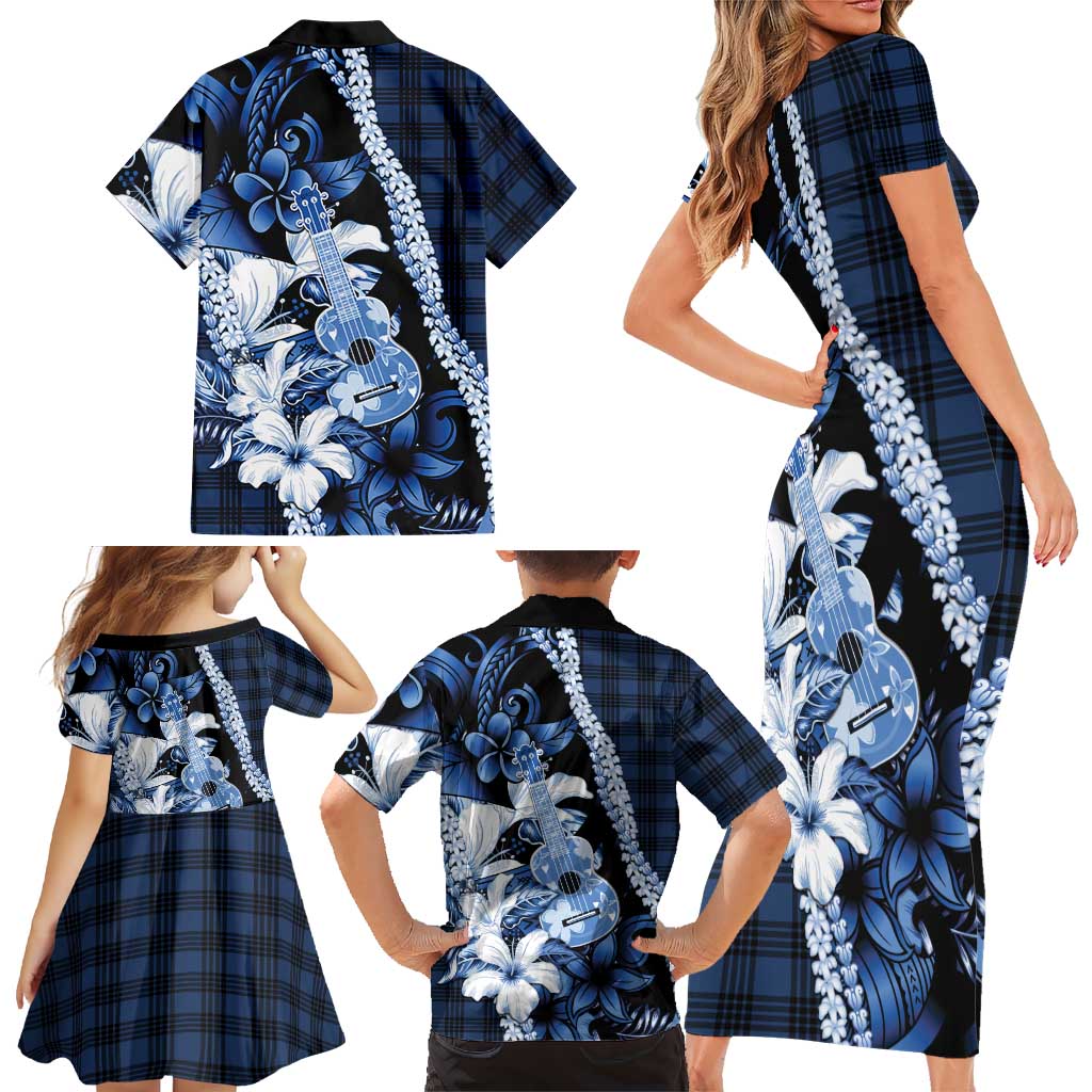Hawaii Ukulele Family Matching Short Sleeve Bodycon Dress and Hawaiian Shirt Tropical Flowers With Palaka Effect Blue Version LT05 - Polynesian Pride