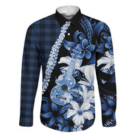 Hawaii Ukulele Family Matching Short Sleeve Bodycon Dress and Hawaiian Shirt Tropical Flowers With Palaka Effect Blue Version LT05 Dad's Shirt - Long Sleeve Blue - Polynesian Pride