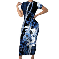 Hawaii Ukulele Family Matching Short Sleeve Bodycon Dress and Hawaiian Shirt Tropical Flowers With Palaka Effect Blue Version LT05 Mom's Dress Blue - Polynesian Pride