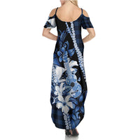 Hawaii Ukulele Family Matching Summer Maxi Dress and Hawaiian Shirt Tropical Flowers With Palaka Effect Blue Version - Polynesian Pride
