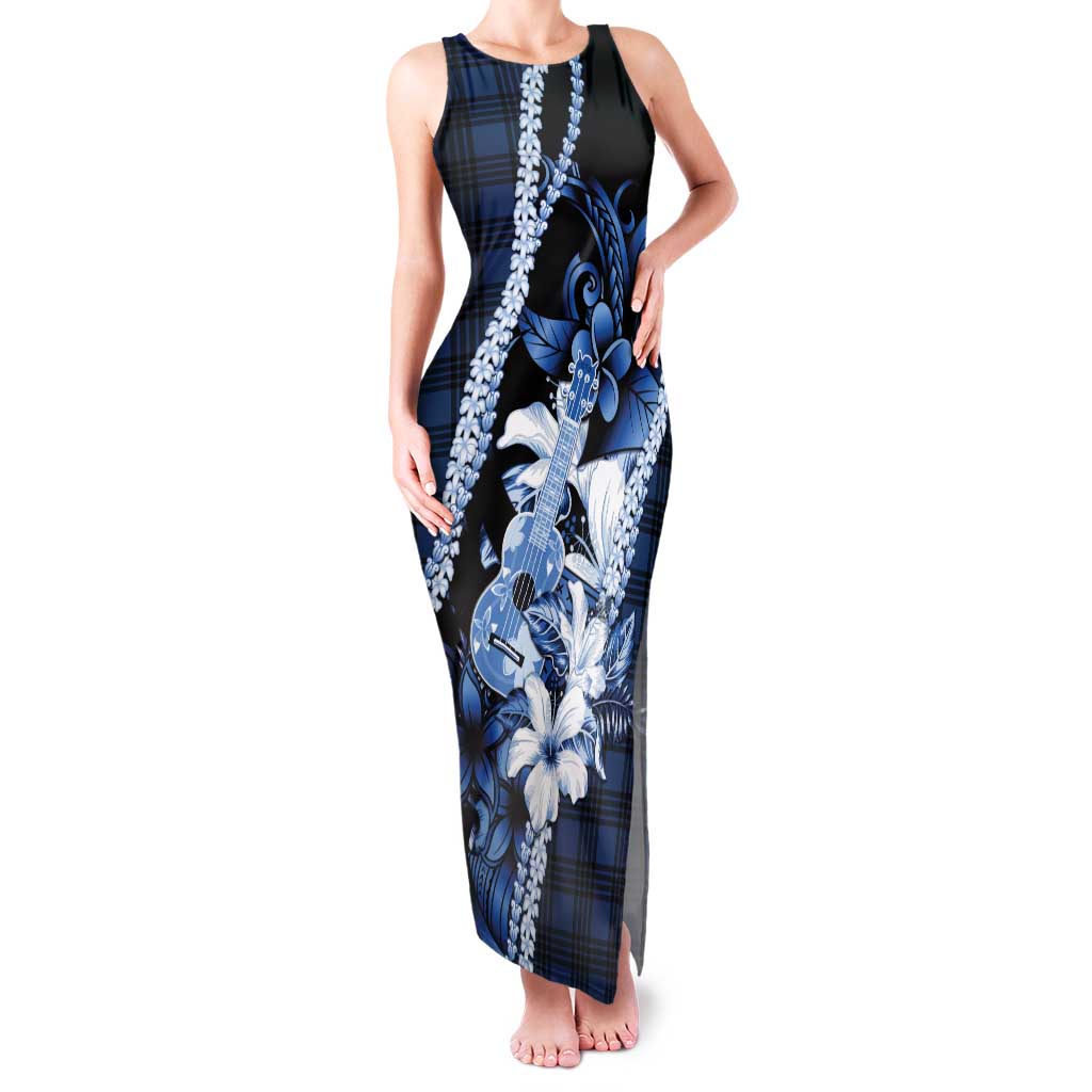 Hawaii Ukulele Family Matching Tank Maxi Dress and Hawaiian Shirt Tropical Flowers With Palaka Effect Blue Version - Polynesian Pride