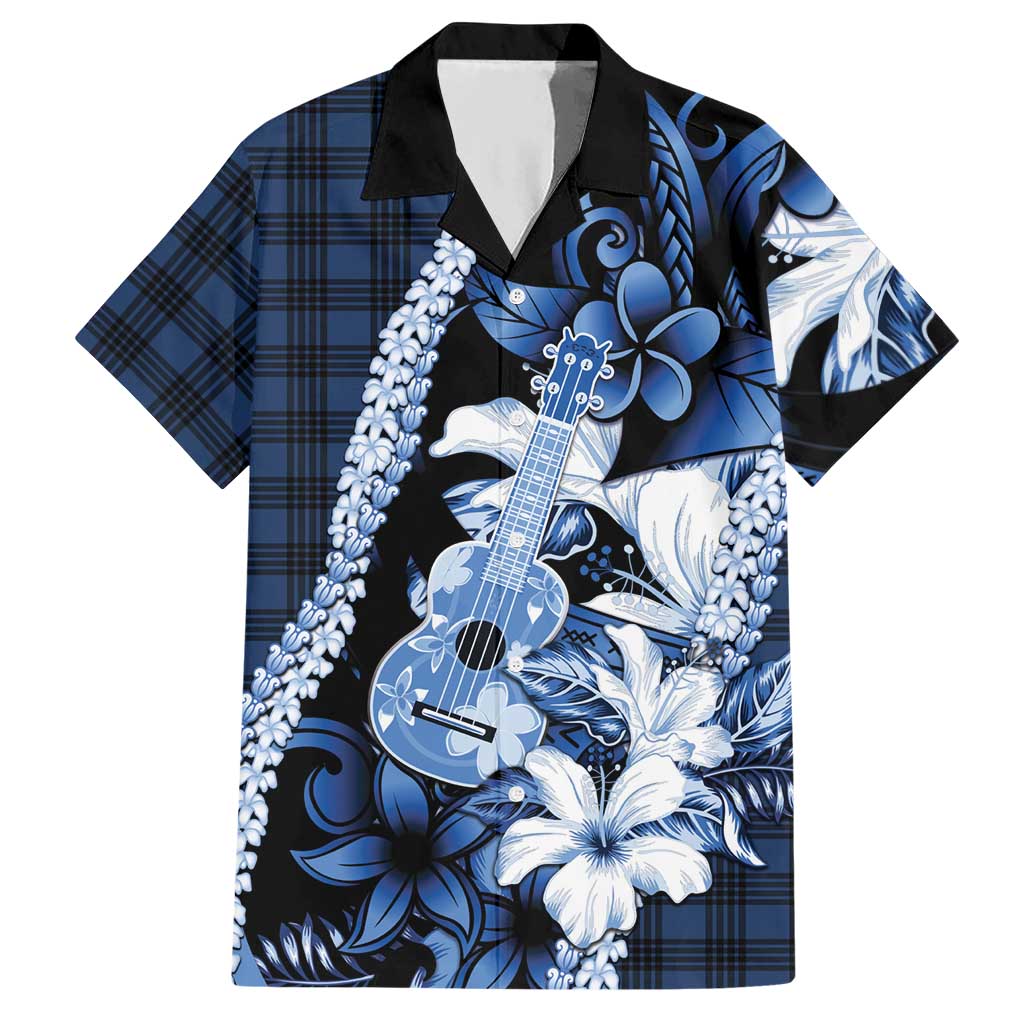 Hawaii Ukulele Hawaiian Shirt Tropical Flowers With Palaka Effect Blue Version - Polynesian Pride