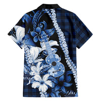 Hawaii Ukulele Hawaiian Shirt Tropical Flowers With Palaka Effect Blue Version - Polynesian Pride
