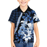 Hawaii Ukulele Hawaiian Shirt Tropical Flowers With Palaka Effect Blue Version - Polynesian Pride
