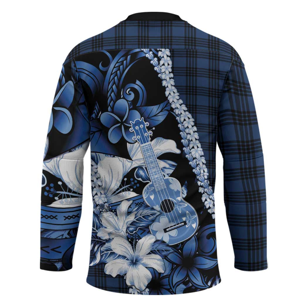 Hawaii Ukulele Hockey Jersey Tropical Flowers With Palaka Effect Blue Version - Polynesian Pride