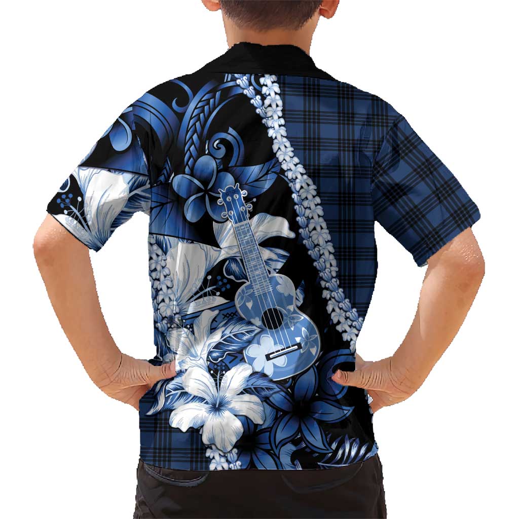 Hawaii Ukulele Kid Hawaiian Shirt Tropical Flowers With Palaka Effect Blue Version - Polynesian Pride