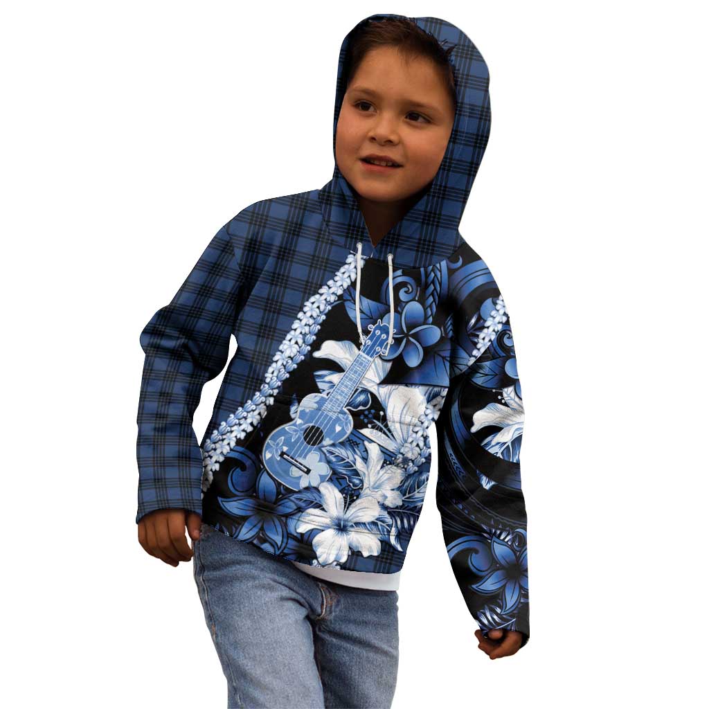Hawaii Ukulele Kid Hoodie Tropical Flowers With Palaka Effect Blue Version - Polynesian Pride