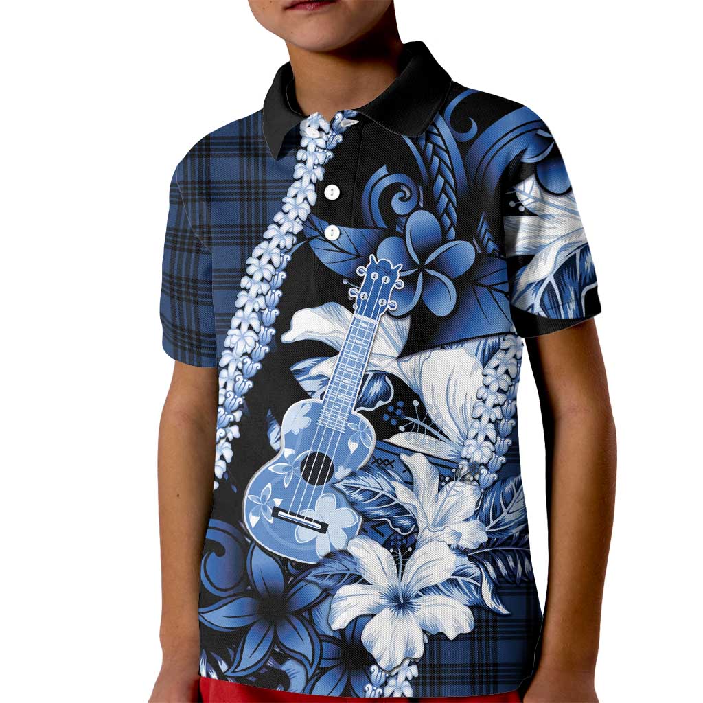 Hawaii Ukulele Kid Polo Shirt Tropical Flowers With Palaka Effect Blue Version - Polynesian Pride