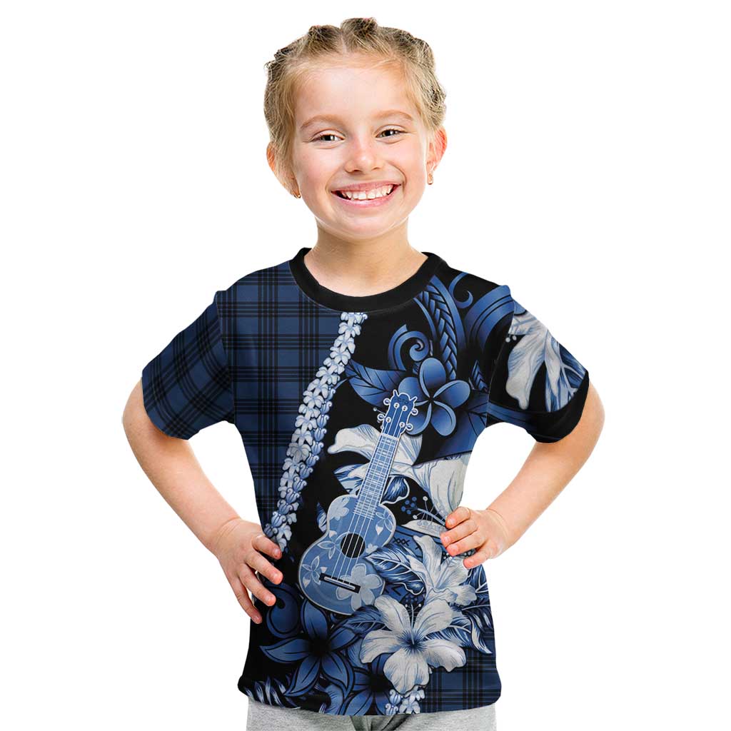 Hawaii Ukulele Kid T Shirt Tropical Flowers With Palaka Effect Blue Version - Polynesian Pride