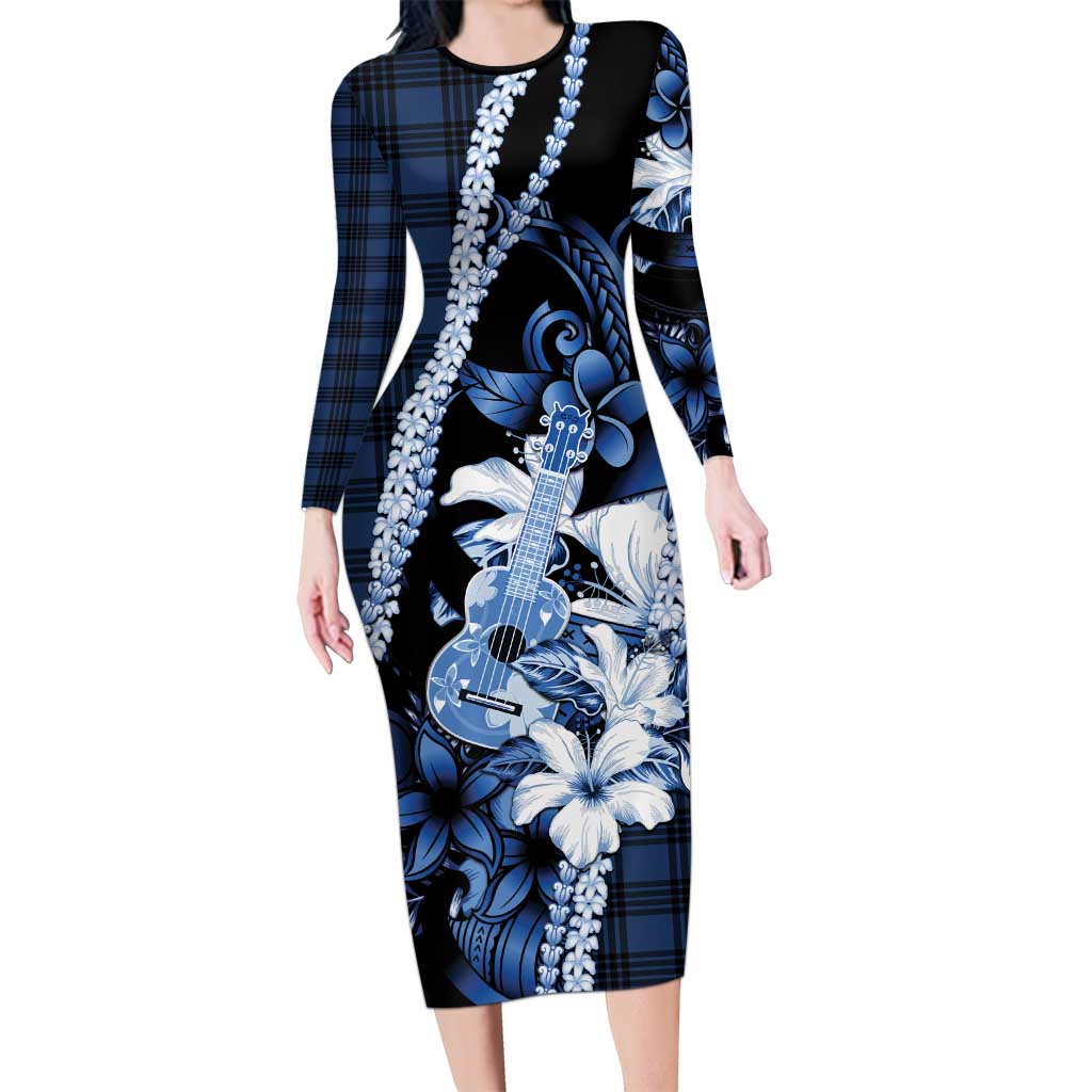 Hawaii Ukulele Long Sleeve Bodycon Dress Tropical Flowers With Palaka Effect Blue Version - Polynesian Pride