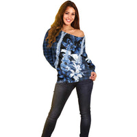 Hawaii Ukulele Off Shoulder Sweater Tropical Flowers With Palaka Effect Blue Version - Polynesian Pride