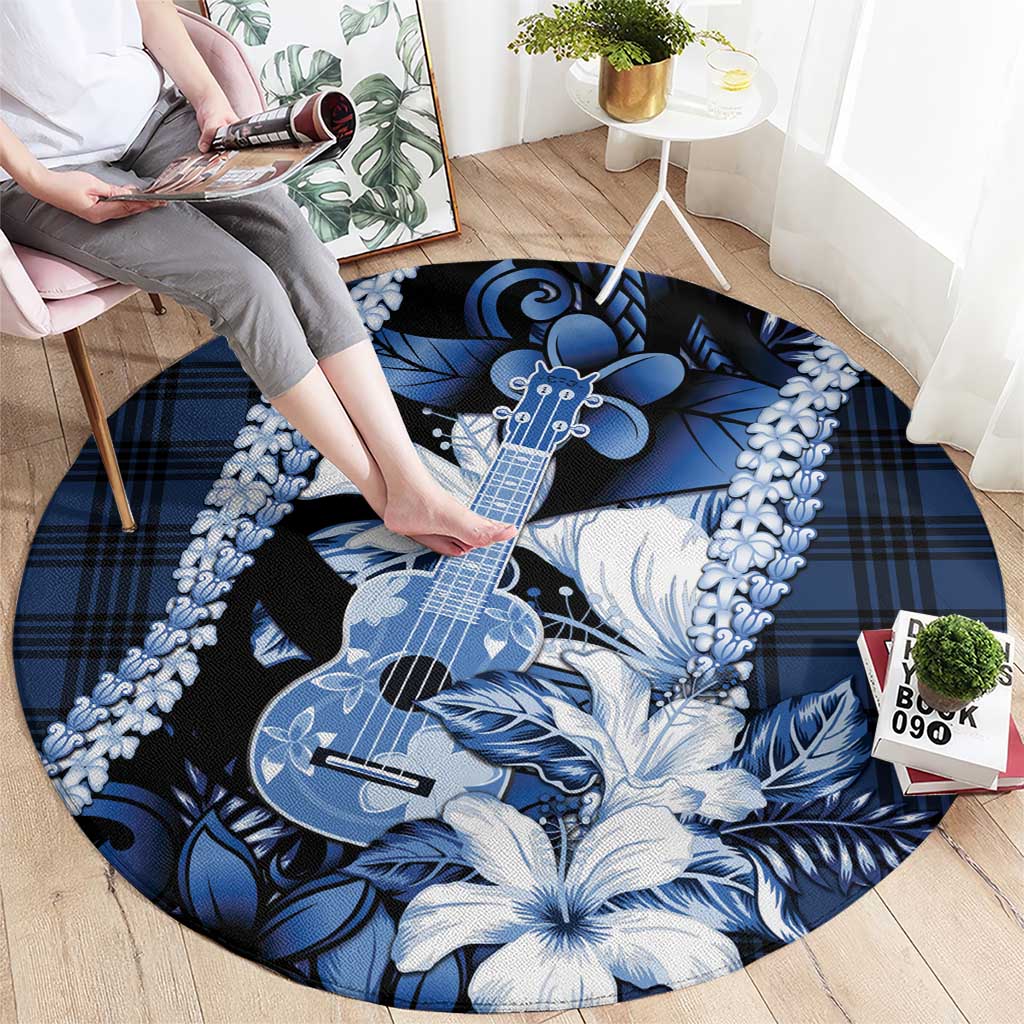 Hawaii Ukulele Round Carpet Tropical Flowers With Palaka Effect Blue Version - Polynesian Pride