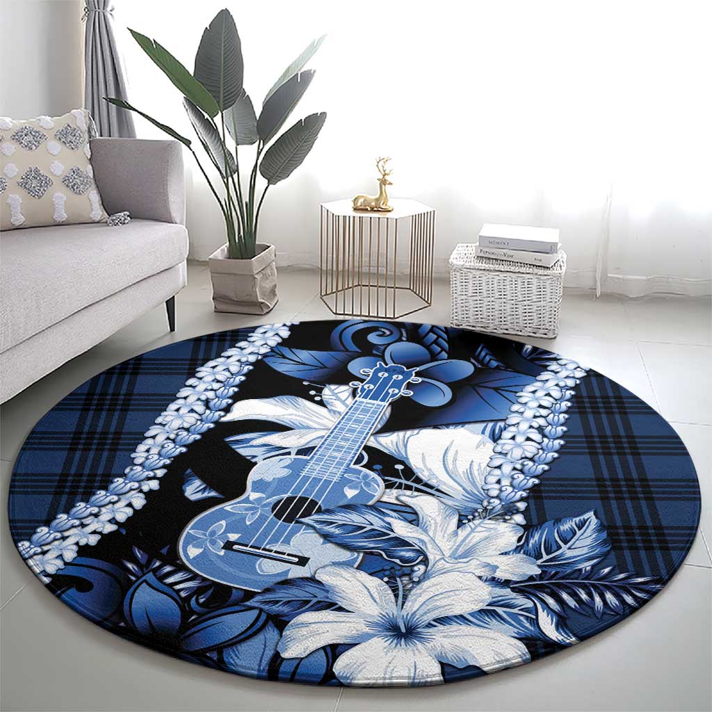 Hawaii Ukulele Round Carpet Tropical Flowers With Palaka Effect Blue Version - Polynesian Pride