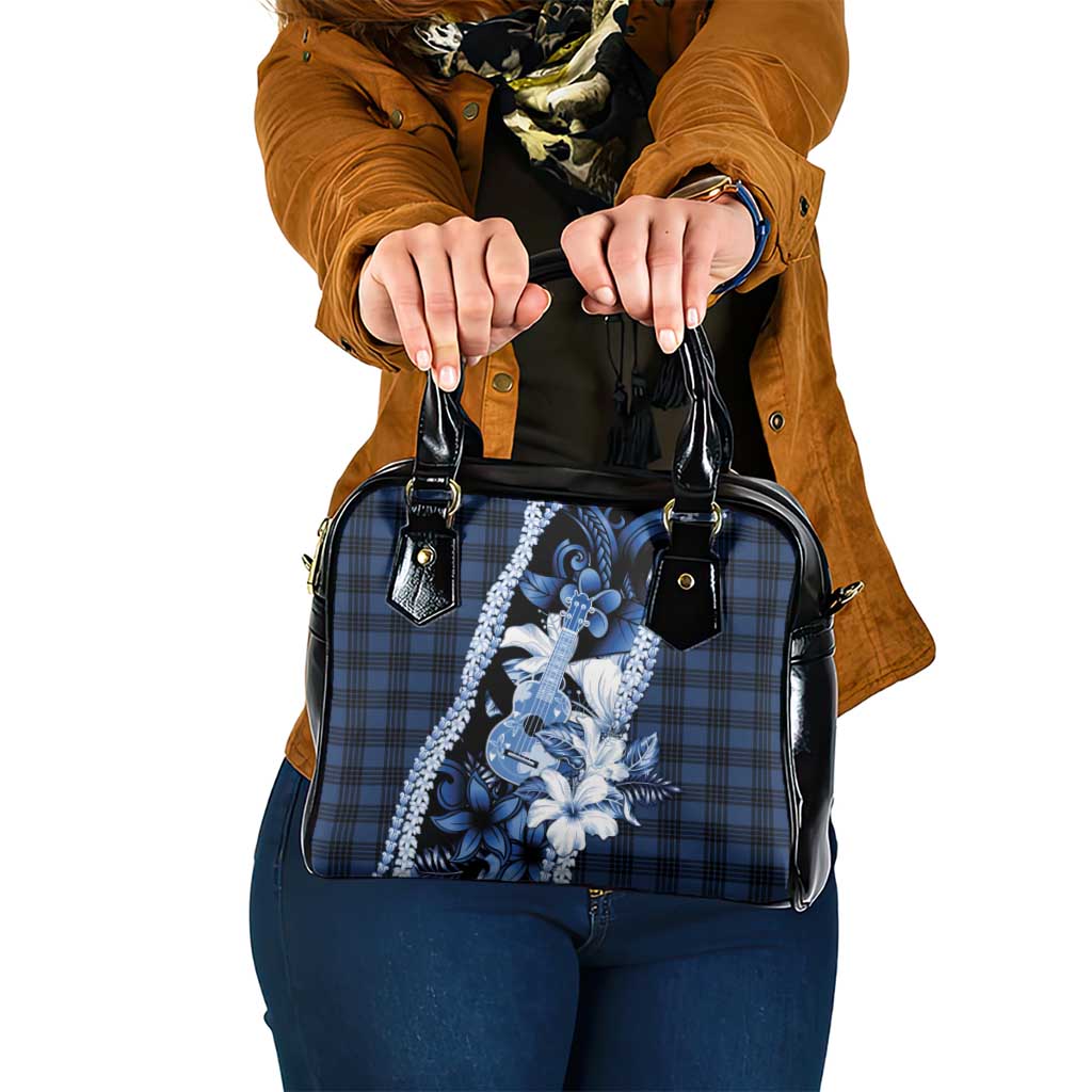 Hawaii Ukulele Shoulder Handbag Tropical Flowers With Palaka Effect Blue Version - Polynesian Pride