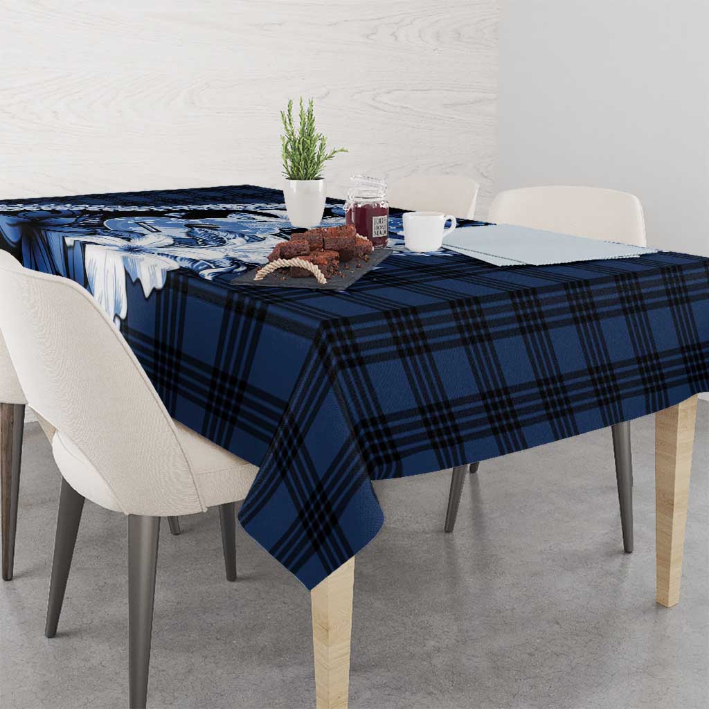 Hawaii Ukulele Tablecloth Tropical Flowers With Palaka Effect Blue Version - Polynesian Pride