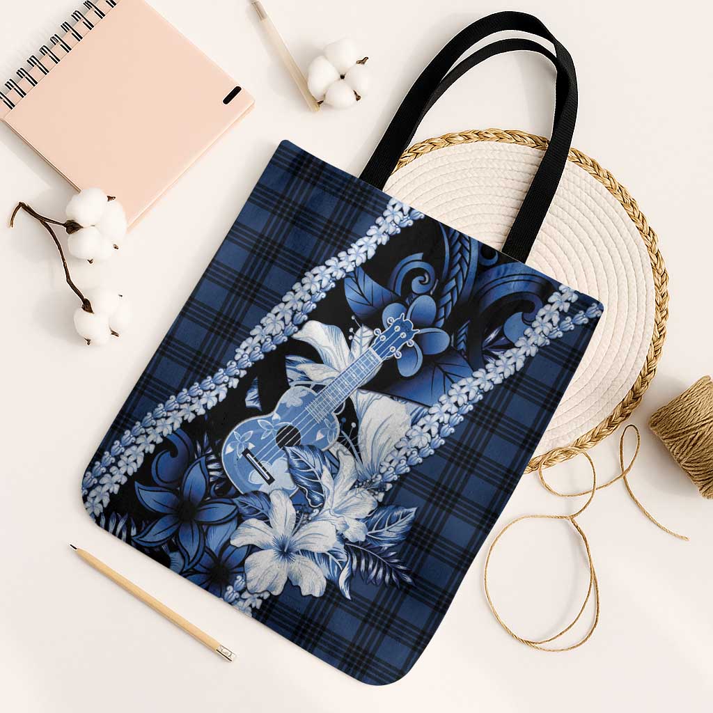 Hawaii Ukulele Tote Bag Tropical Flowers With Palaka Effect Blue Version - Polynesian Pride
