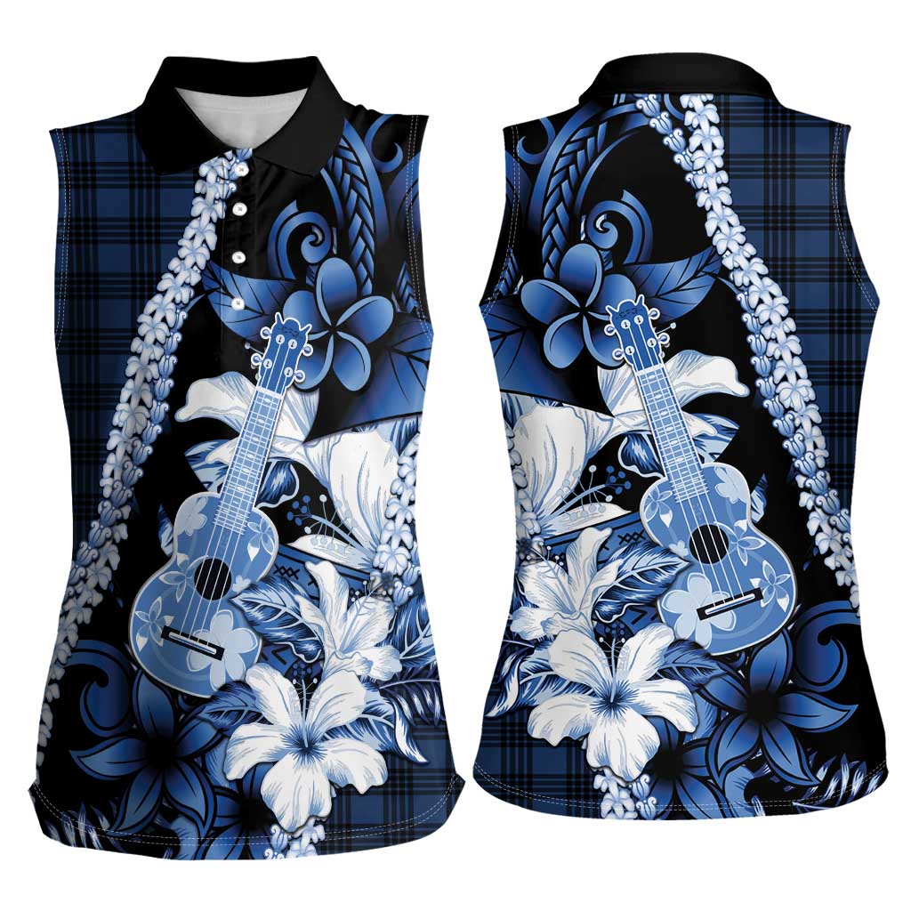 Hawaii Ukulele Women Sleeveless Polo Shirt Tropical Flowers With Palaka Effect Blue Version - Polynesian Pride