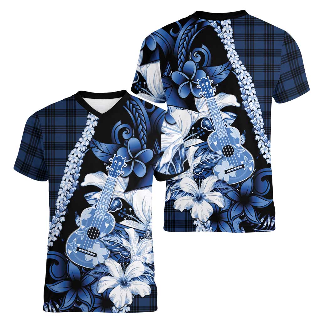 Hawaii Ukulele Women V-Neck T-Shirt Tropical Flowers With Palaka Effect Blue Version - Polynesian Pride