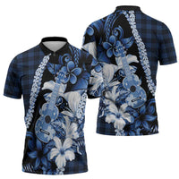 Hawaii Ukulele Zipper Polo Shirt Tropical Flowers With Palaka Effect Blue Version - Polynesian Pride