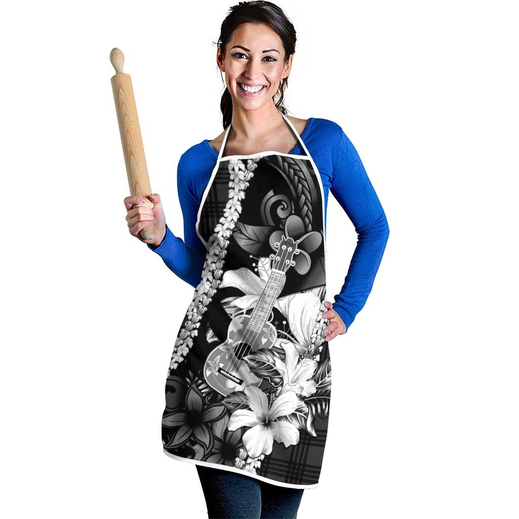 Hawaii Ukulele Apron Tropical Flowers With Palaka Effect Black Version - Polynesian Pride