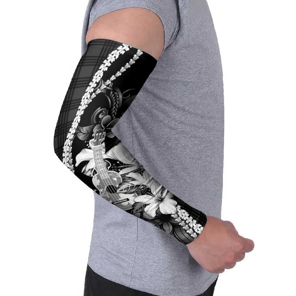 Hawaii Ukulele Arm Sleeves Tropical Flowers With Palaka Effect Black Version - Polynesian Pride