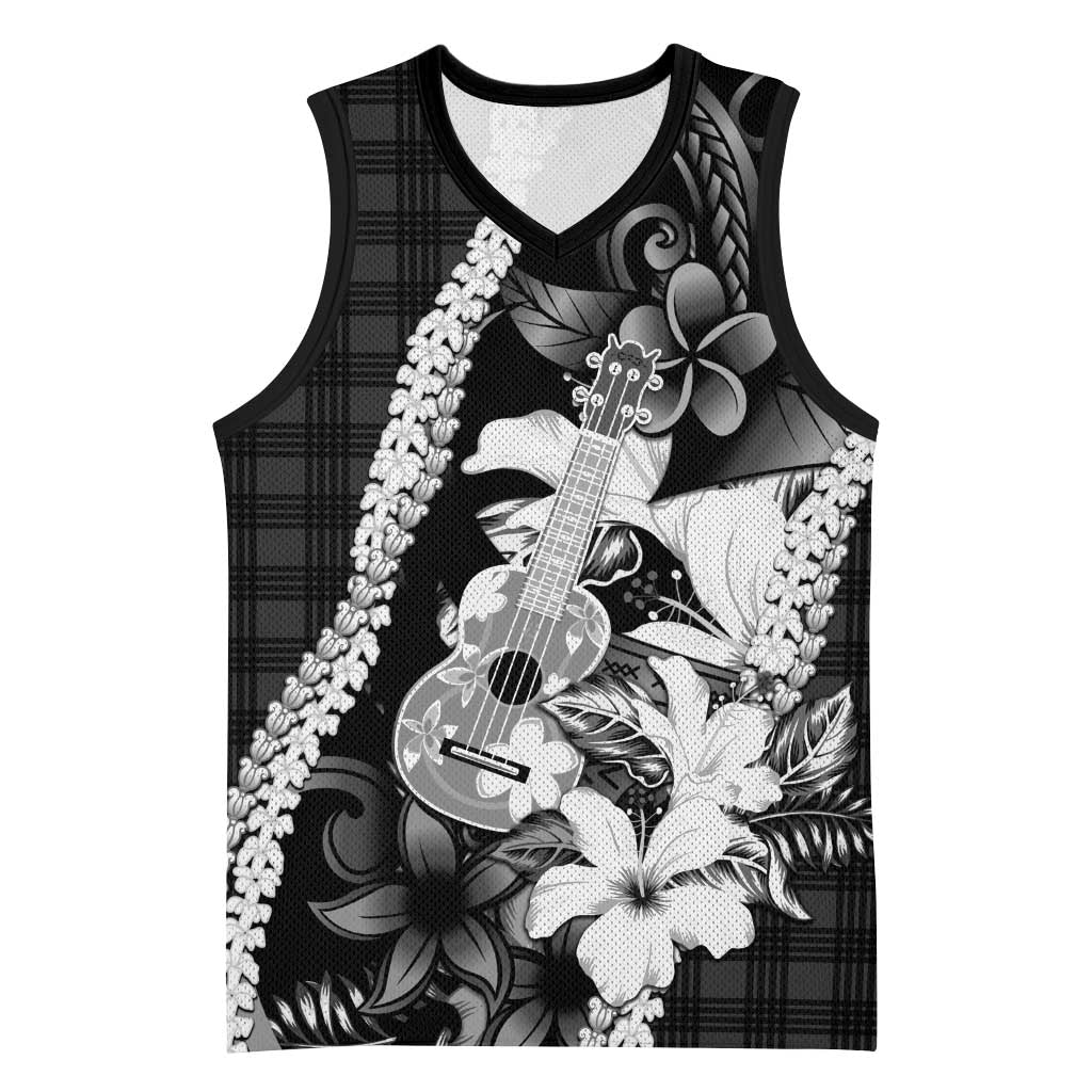 Hawaii Ukulele Basketball Jersey Tropical Flowers With Palaka Effect Black Version - Polynesian Pride