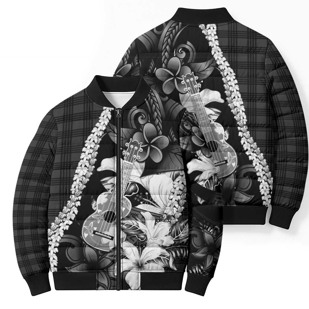 Hawaii Ukulele Bomber Puffer Jacket Tropical Flowers With Palaka Effect Black Version - Polynesian Pride
