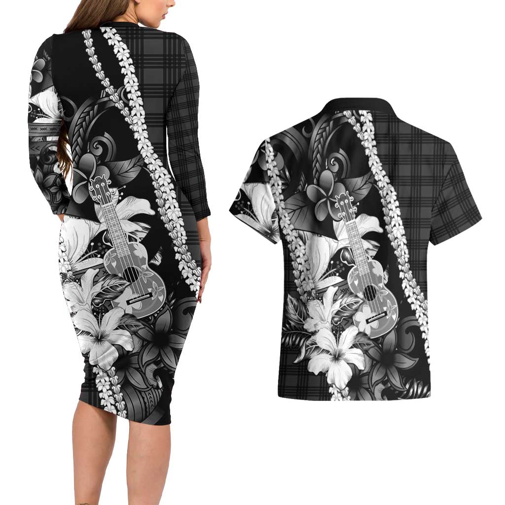 Hawaii Ukulele Couples Matching Long Sleeve Bodycon Dress and Hawaiian Shirt Tropical Flowers With Palaka Effect Black Version - Polynesian Pride