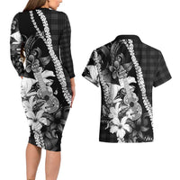 Hawaii Ukulele Couples Matching Long Sleeve Bodycon Dress and Hawaiian Shirt Tropical Flowers With Palaka Effect Black Version - Polynesian Pride