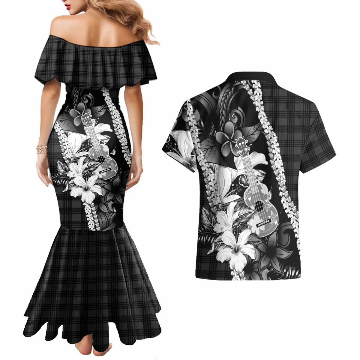 Hawaii Ukulele Couples Matching Mermaid Dress and Hawaiian Shirt Tropical Flowers With Palaka Effect Black Version - Polynesian Pride