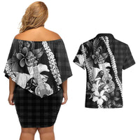 Hawaii Ukulele Couples Matching Off Shoulder Short Dress and Hawaiian Shirt Tropical Flowers With Palaka Effect Black Version - Polynesian Pride