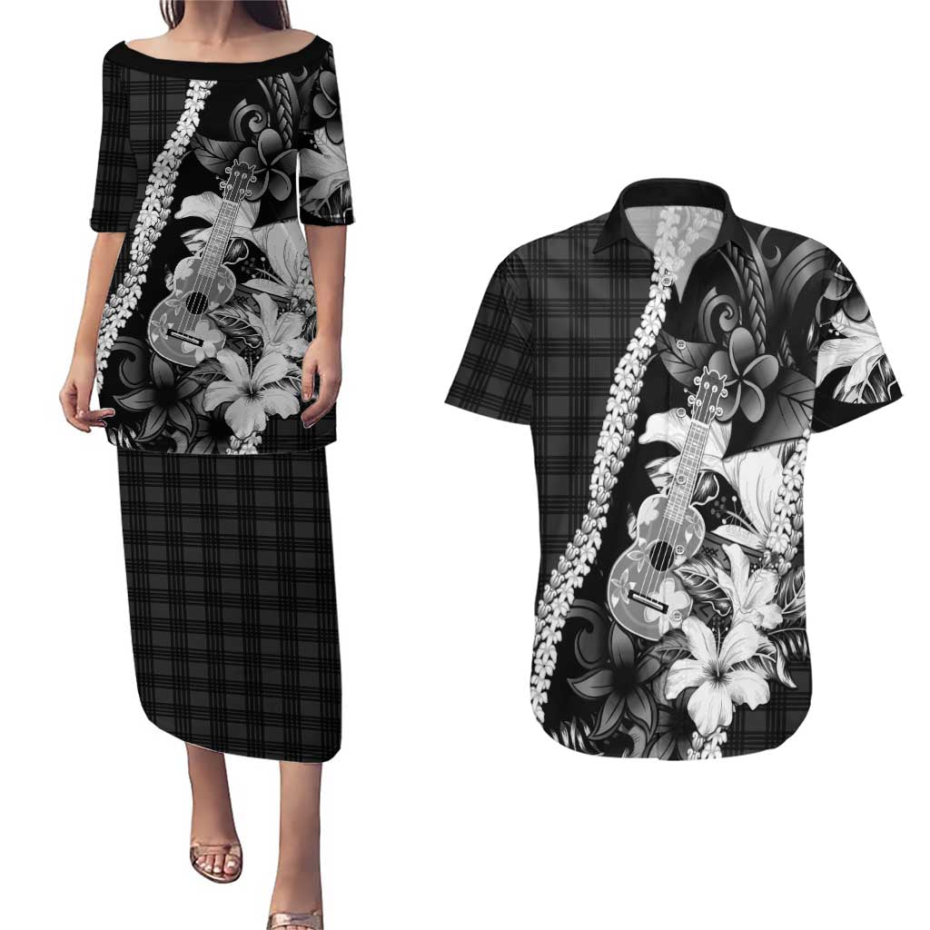 Hawaii Ukulele Couples Matching Puletasi and Hawaiian Shirt Tropical Flowers With Palaka Effect Black Version - Polynesian Pride