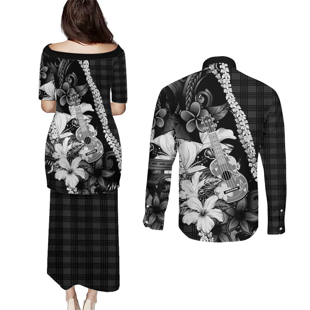 Hawaii Ukulele Couples Matching Puletasi and Long Sleeve Button Shirt Tropical Flowers With Palaka Effect Black Version - Polynesian Pride