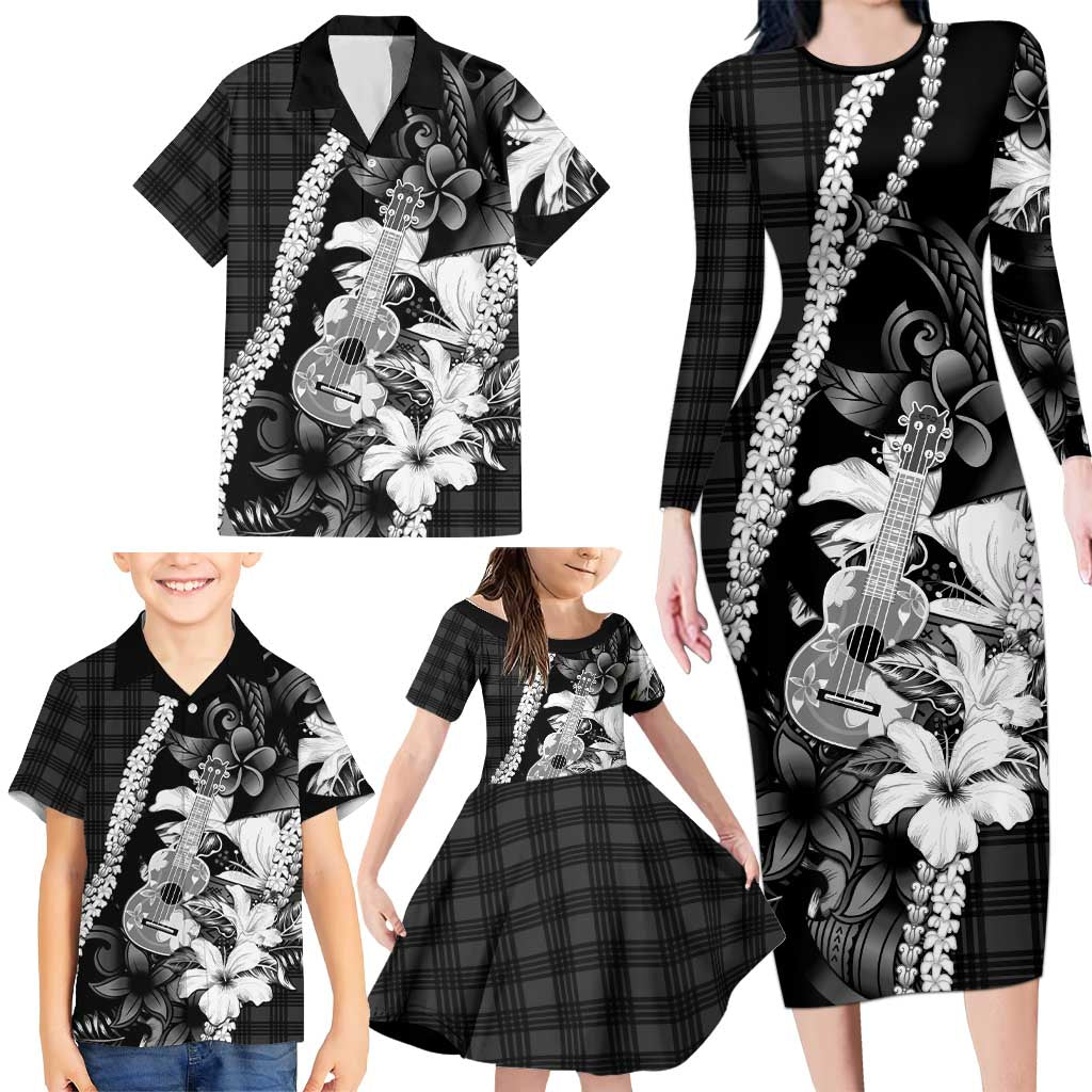 Hawaii Ukulele Family Matching Long Sleeve Bodycon Dress and Hawaiian Shirt Tropical Flowers With Palaka Effect Black Version - Polynesian Pride