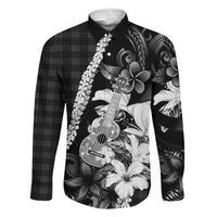 Hawaii Ukulele Family Matching Long Sleeve Bodycon Dress and Hawaiian Shirt Tropical Flowers With Palaka Effect Black Version LT05 Dad's Shirt - Long Sleeve Black - Polynesian Pride