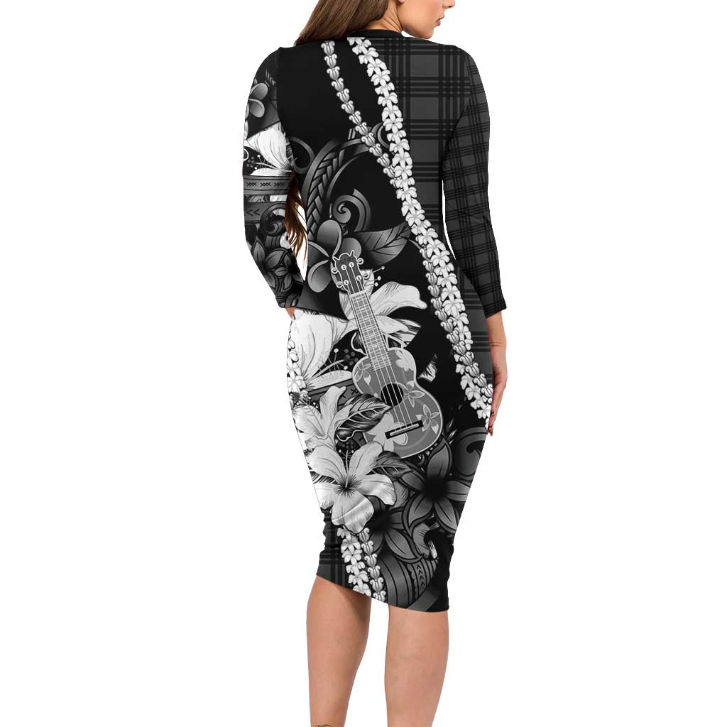 Hawaii Ukulele Family Matching Long Sleeve Bodycon Dress and Hawaiian Shirt Tropical Flowers With Palaka Effect Black Version LT05 - Polynesian Pride