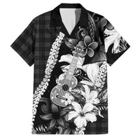 Hawaii Ukulele Family Matching Off The Shoulder Long Sleeve Dress and Hawaiian Shirt Tropical Flowers With Palaka Effect Black Version LT05 Dad's Shirt - Short Sleeve Black - Polynesian Pride