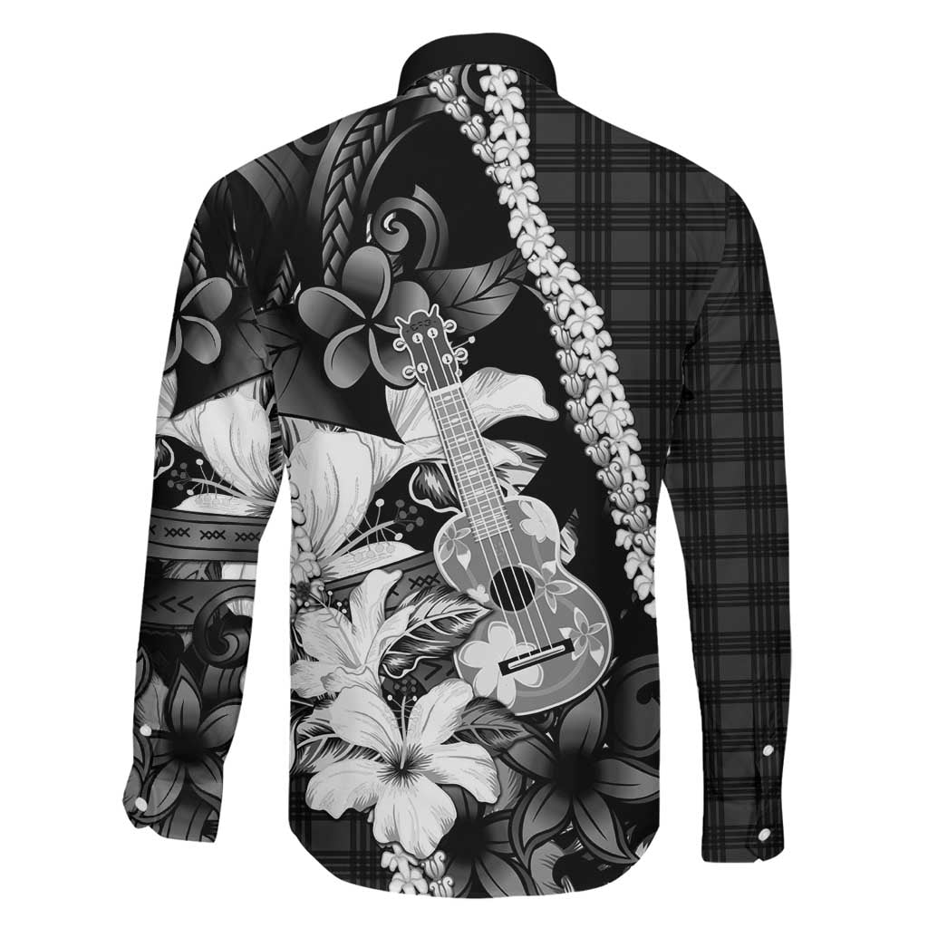 Hawaii Ukulele Family Matching Off The Shoulder Long Sleeve Dress and Hawaiian Shirt Tropical Flowers With Palaka Effect Black Version LT05 - Polynesian Pride