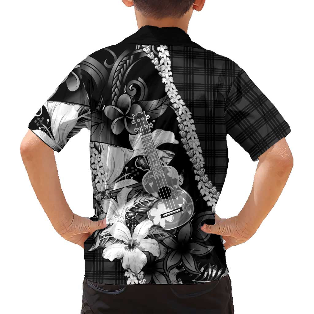 Hawaii Ukulele Family Matching Off Shoulder Maxi Dress and Hawaiian Shirt Tropical Flowers With Palaka Effect Black Version - Polynesian Pride