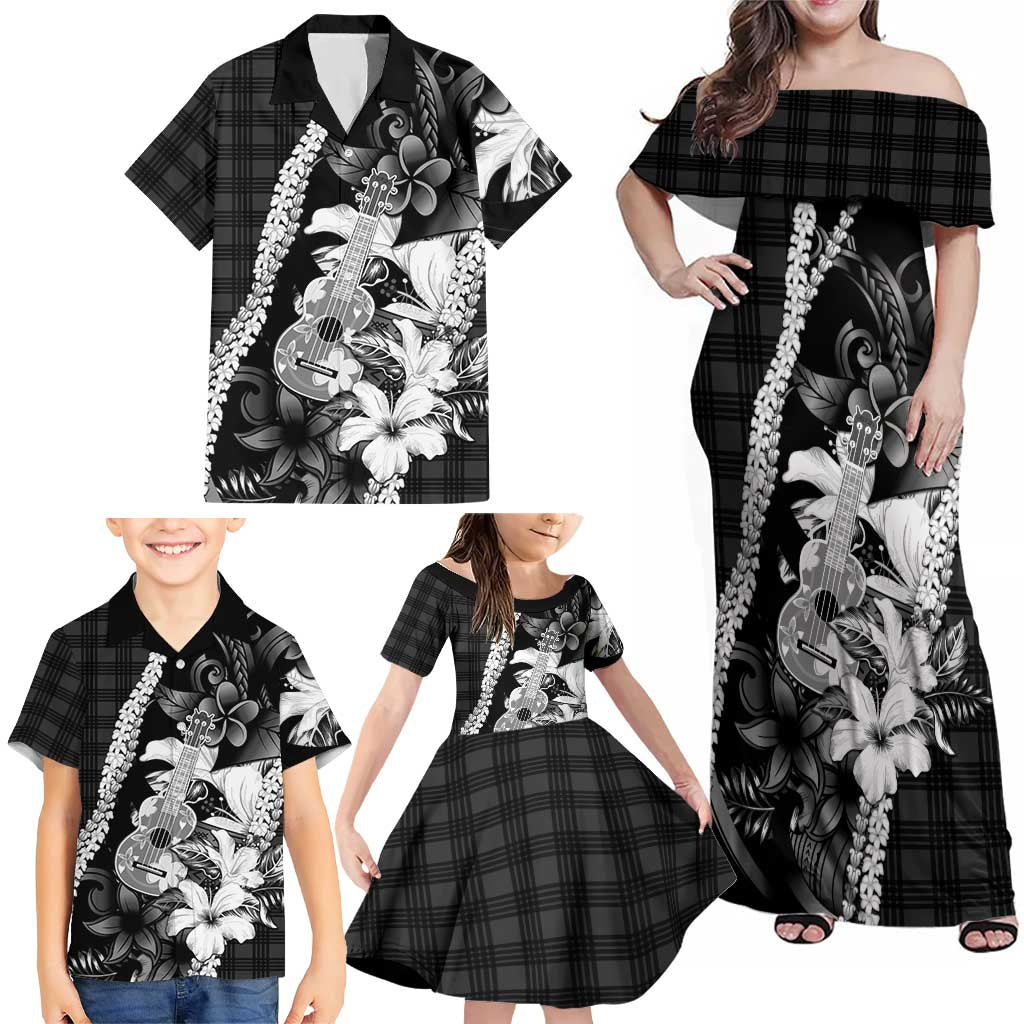 Hawaii Ukulele Family Matching Off Shoulder Maxi Dress and Hawaiian Shirt Tropical Flowers With Palaka Effect Black Version - Polynesian Pride