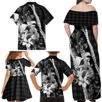 Hawaii Ukulele Family Matching Off Shoulder Maxi Dress and Hawaiian Shirt Tropical Flowers With Palaka Effect Black Version - Polynesian Pride