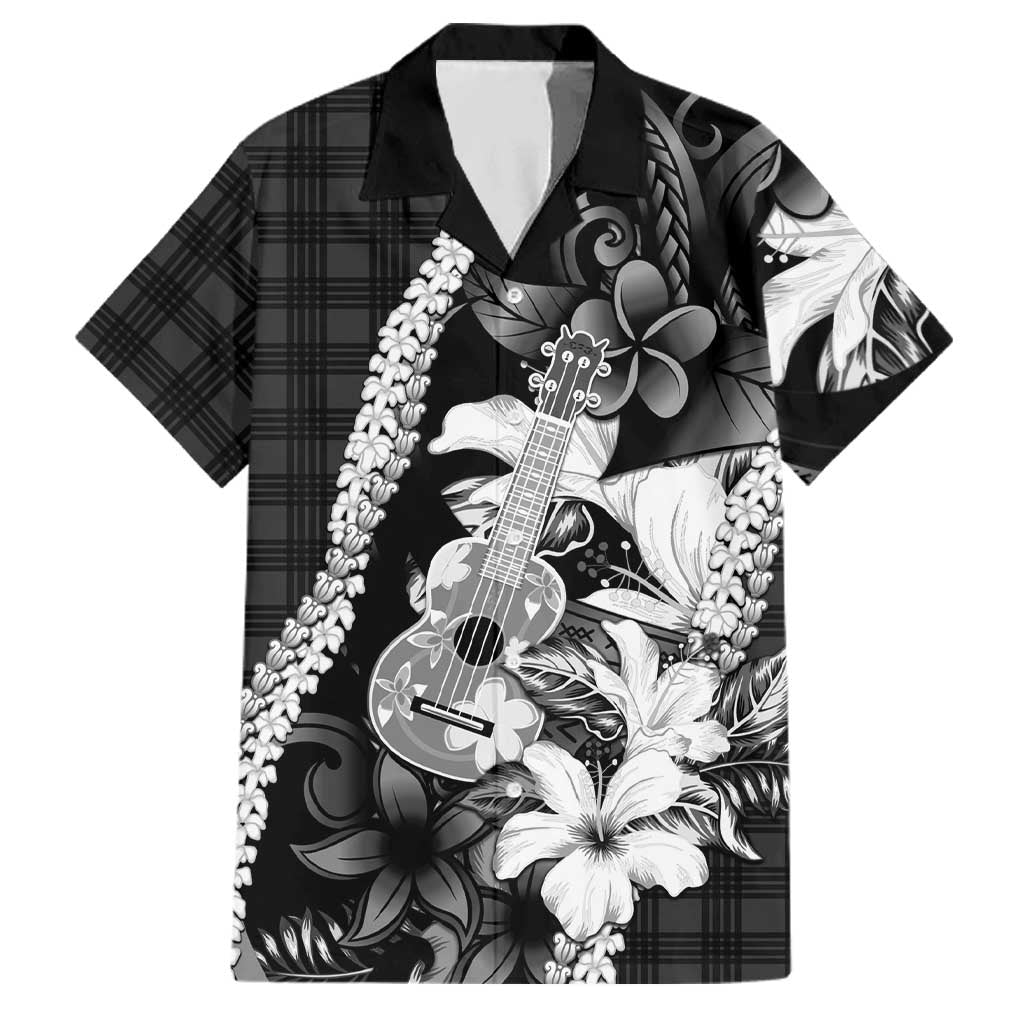 Hawaii Ukulele Family Matching Off Shoulder Maxi Dress and Hawaiian Shirt Tropical Flowers With Palaka Effect Black Version - Polynesian Pride